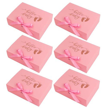 6PCS Baby Girl Gift Box with Ribbon Pink Keepsake Box with Gold Foil Hello Baby Footprints Favor Packaging Large Cardboard Gift Box for Baby Girl Shower Newborn Party First Birthday Welcome Christening Gifts