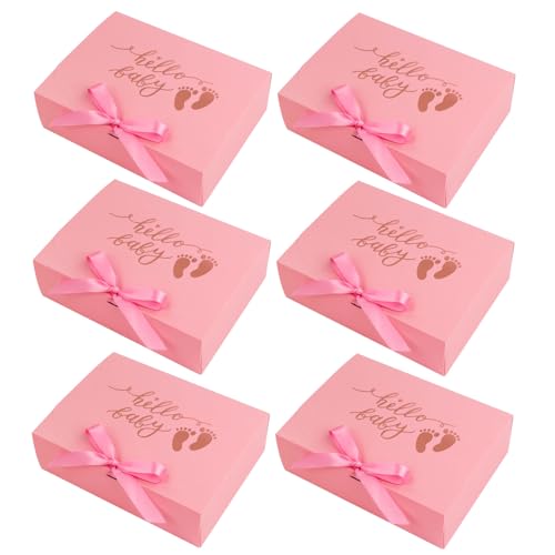 6PCS Baby Girl Gift Box with Ribbon Pink Keepsake Box with Gold Foil Hello Baby Footprints Favor Packaging Large Cardboard Gift Box for Baby Girl Shower Newborn Party First Birthday Welcome Christening Gifts