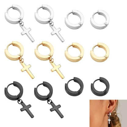 6 Pairs Stainless Steel Cross Earrings Set Dangle Hinged Earrings