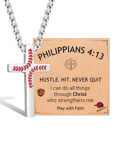 UNGENT THEM Baseball Cross Necklace for Boys with Bible Verse Card, 20 Inch