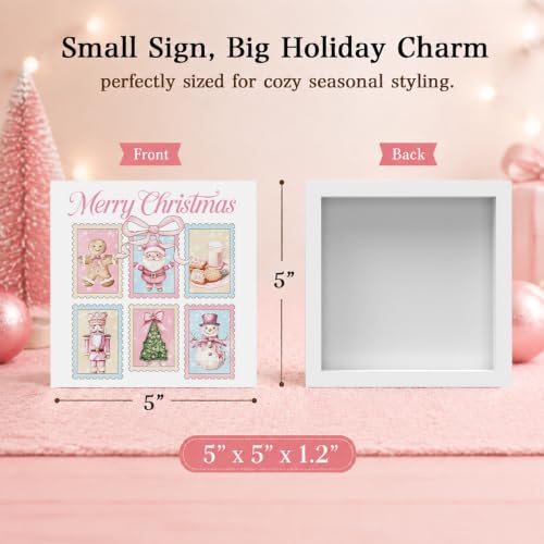Pink Christmas Decor, Christmas Decorations Indoor, Bow Xmas Tree Santa Claus Snowman Nutcracker Gingerbread Sign Gift for Women Friends, Rustic Wooden Box Sign for Home Bedroom Desk Decor 5x5 Inches - color: Merry Christmas-8