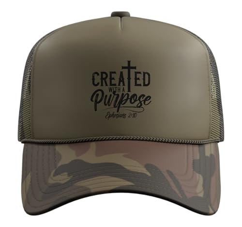 Created with a Destiny Ephesians 2 10 Bible Verses Trucker Hat with Adjustable Mesh Back - color: Camo Green