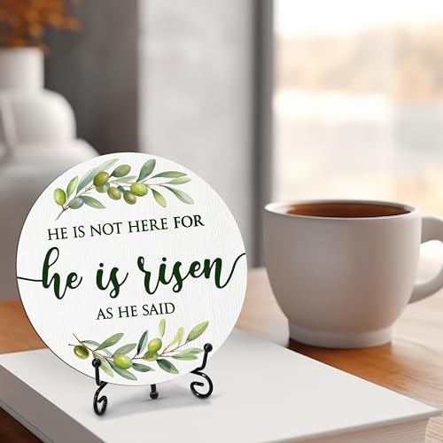 He Is Risen Sign, Religious Easter Decorations for Home Office, Christian Round Wood Plaque with Stand, Easter Table Decor for Entryway Shelf, Resurrection Decor for Easter, Spring Gifts (42)