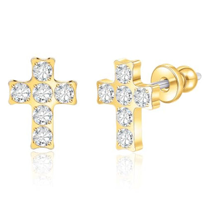 Limerencia Titanium Stud Earrings, Cross Earrings for Sensitive Ears - color: Gold +Butterfly Back with CZ