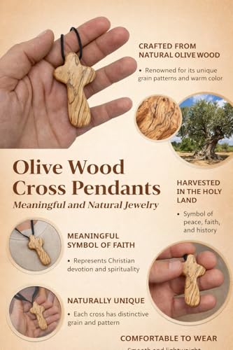 Zuluf Natural Wood Cross Pendant Necklace, Hand Carved Olive Wood Cross Necklace for Men Women, 2.5 Inch Bethlehem Holy Land Pendant on Cord, Handmade Christian Gift, Spiritual Keepsake