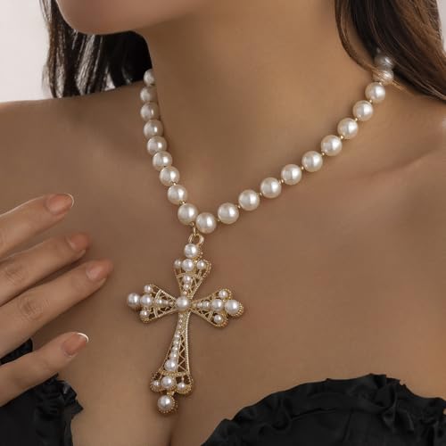 Pearl Cross Necklace Big Cross Pendants Necklaces for Women Chunky Pearl Necklace Gothic Cross Necklace Punk Vintage Cross Jewelry Women - style: Punk
