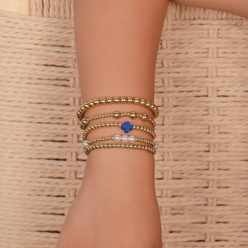 Gold Beaded Pearl Cross Bracelets Stackable Christian Stretch Jewelry Set - color: Royal Blue