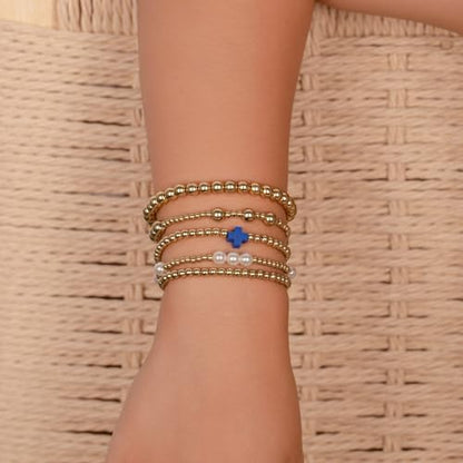 Gold Beaded Pearl Cross Bracelets Stackable Christian Stretch Jewelry Set - color: Royal Blue