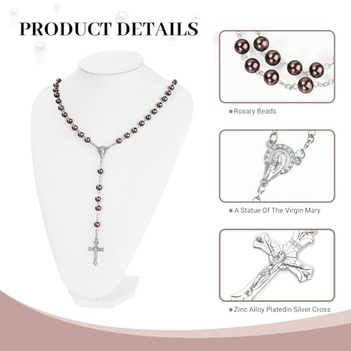 Coffee Pearl-Style Rosary Necklace with Metal Gift Box, 8mm, 22 Inch - color: Coffee color