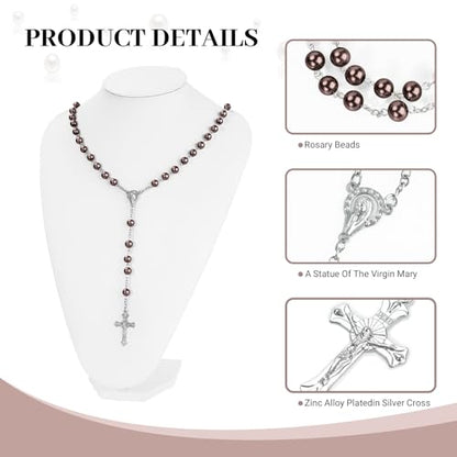 Coffee Pearl-Style Rosary Necklace with Metal Gift Box, 8mm, 22 Inch - color: Coffee color