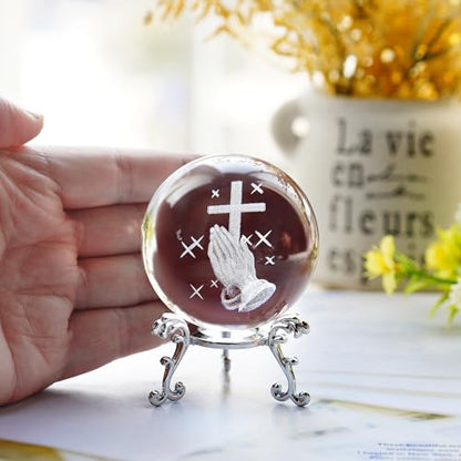 2.3in Praying Hands Cross Crystal Ball with Stand Christian Gift Decor - style: Prayer Cross