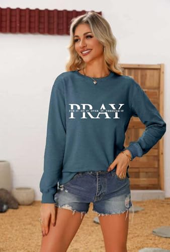 Pray for it on it Over It Through It Sweatshirt Christian Pullover - color: Blue, size: X-Large
