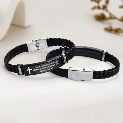 Leather Bracelet Sobriety Gifts for Men : Inspirational Quote/Bible Verse Engraved Braided Black Mens Bracelet for Him, Customized Religious Christian Gift Jewelry for Son/Dad/Boys/Boyfriend/Husband - style: 02:I can do all things through Christ