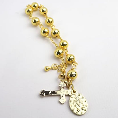 Needzo Gold Tone First Communion Rosary Bracelet, Beaded Chain with Cross and Miraculous Medal Charms, Catholic Religious Gift Keepsake for Eucharist or RCIA