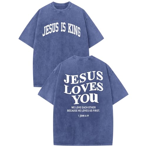 Mens Christian Shirts Jesus is King Love You Tshirt God Faith Religious Bible Verse Oversized Acid Wash Graphic Tees - color: Blue, size: X-Small