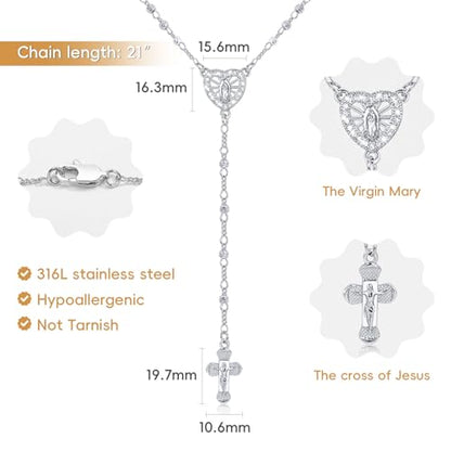 Women's Gold Virgin Mary Necklace, 14k Gold Plated Rosary Bead Cross Chain - style: Silver-Style 2