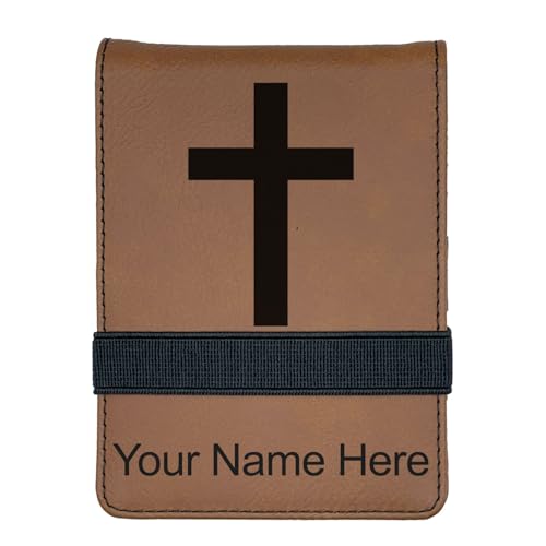LaserGram Mini Padfolio with Notepad and Pen, Christian Cross, Personalized Engraving Included (Dark Brown) - color: Dark Brown