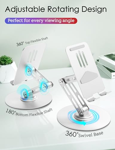 360° Rotating Cell Phone Stand for Desk, Adjustable Foldable Aluminum Phone Holder with Anti-Slip Base, Sturdy Desktop Stand Compatible with iPhone, iPad, Android Phones – Silver - color: Silver