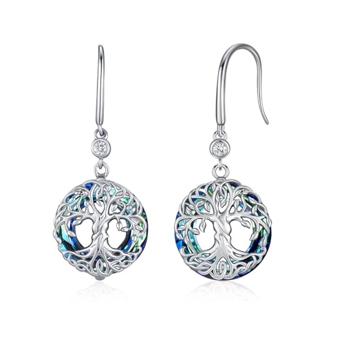 Tree of Life Earrings 925 Sterling Silver Family Tree Dangle Drop Earrings Blue Circle Crystal Jewelry Birthday Christmas Gifts for Women Mom - color: Blue