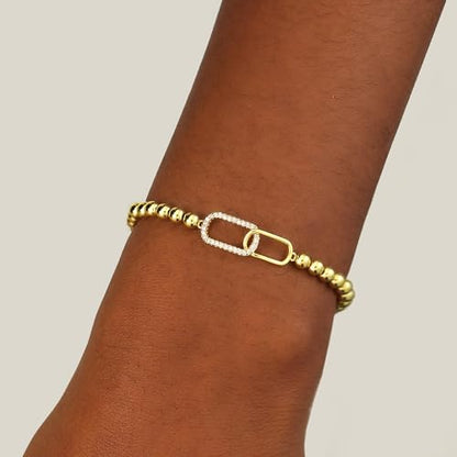 Gold Bracelets for Women 14K Gold Plated Bead Bracelet Hypoallergenic Stretch Bracelets for Women Elastic Bracelet Trendy Teen Gift Dainty Jewelry for Women - style: CZ