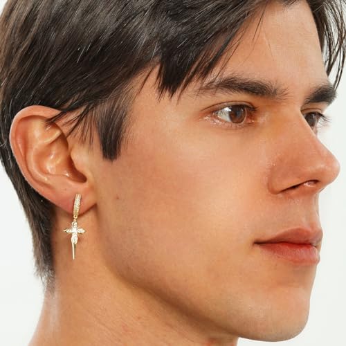 TOPGRILLZ Cross Hoop Dangle Earrings 925 Sterling Silver 5A+ Cubic Zirconia 14K Gold Hypoallergenic Cross Hoop Cuff Huggie Drop Earrings For Men Women - color: 925S Gold