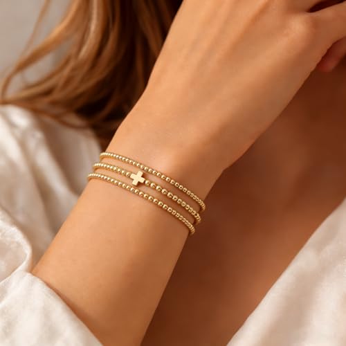 Gold Bracelets for Women Jewelry - Easter Basket Stuffers, Cross/Pearl/Beaded Bracelets Set, Dainty 14K Gold Plated Beaded Bracelets Stack, Birthday Easter Gifts for Women - color: 1Cross+2Bead