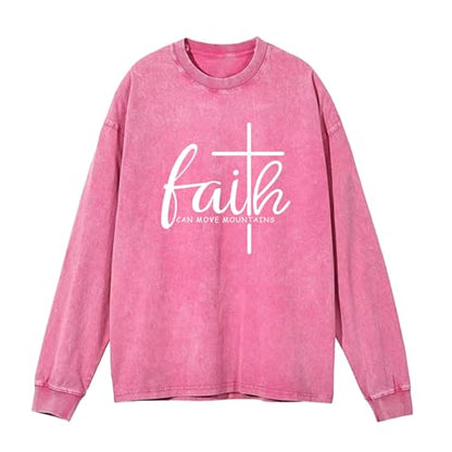 Christian Shirts for Women Faith Can Move Mountains Acid Wash Shirt Jesus Religious Bible Verse Long Sleeve Top - color: Pink, size: X-Large