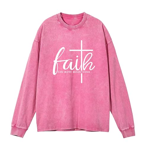 Christian Shirts for Women Faith Can Move Mountains Acid Wash Shirt Jesus Religious Bible Verse Long Sleeve Top - color: Pink, size: Small