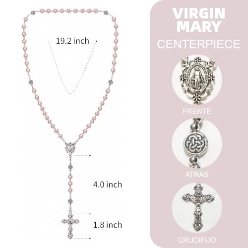 8mm Glass Pearl Rosary - Catholic Necklace for Men and Women Comes in a Metal Gift Box, First Communion Rosary Necklace as Gifts - color: Pink
