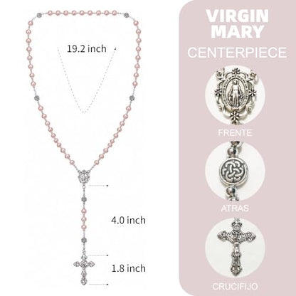 8mm Glass Pearl Rosary - Catholic Necklace for Men and Women Comes in a Metal Gift Box, First Communion Rosary Necklace as Gifts - color: Pink
