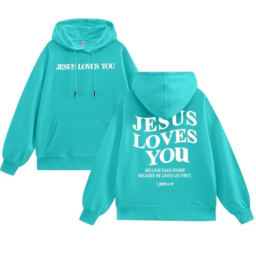 Christian Jesus Loves You Hoodies for Teen Religious Faith Sweatshirts Bible Verse Graphic Youth Hoodie - color: Blue Green, size: Medium