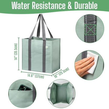 VENO 4 Pack Large Grocery Bag Reusable Shopping Bags with Hard Bottom - color: Light Green