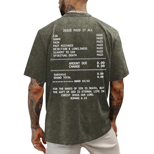 Christian Faith God Shirts for Men Jesus Bible Verse Acid Wash Shirt Oversized Religious Tshirts Vintage Graphic Tees - color: Army Green, size: Small