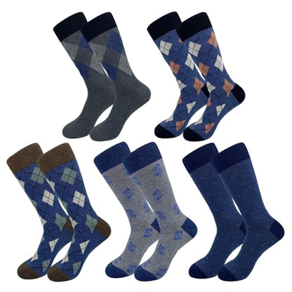 Men's Colorful Striped Dress Socks, 5-Pack Cotton, Sock Size 10-13 - color: Classic Blue Argyle Mix