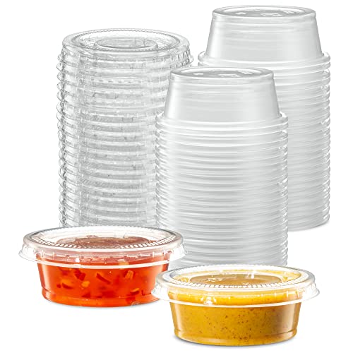1.5 oz - 100 Sets Clear Diposable Plastic Portion Cups With Lids, Small Mini Containers For Portion Controll, Jello Shots, Meal Prep, Sauce Cups, Slime, Condiments, Dressings, Crafts, Disposable - color: Clear, size: 1.5 Ounce