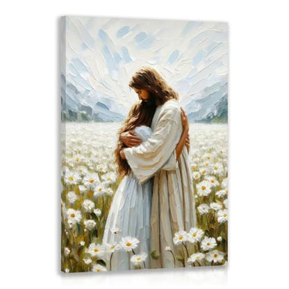 FASWQ Wrapped Canvas Jesus Hugging Girl Christian Wall Art 24x36 in - color: JesusWoman, size: 36"L x 24"W