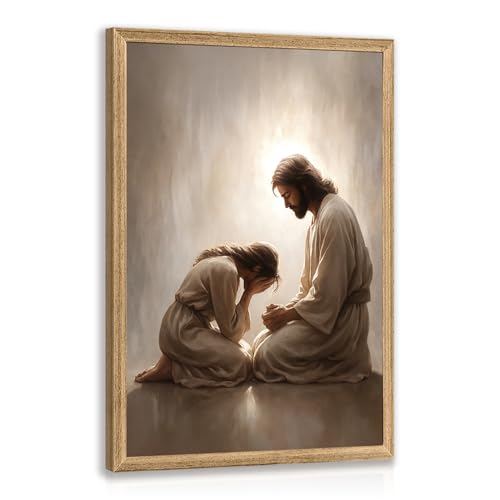 FASWQ Wood Framed Jesus Comforting Woman Christian Wall Art 20x30 in - color: JesusConfession(Wood), size: 30"L x 20"W