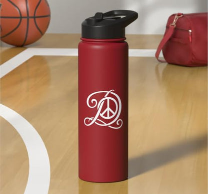 fancy Italic script Initial Letter D minimalist peace sign Stainless Steel Insulated Water Bottle - color: Red