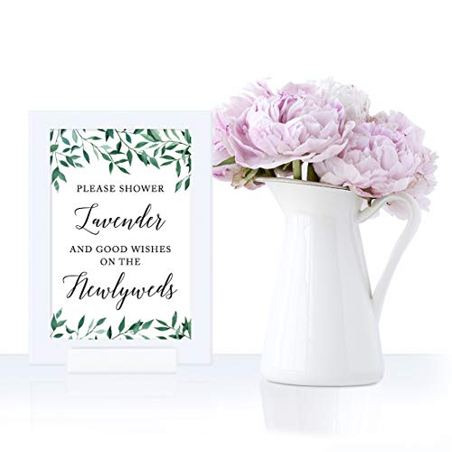 Andaz Press Framed Wedding Party Signs, Natural Greenery Green Leaves, 4x6-inch, Please Shower Lavender and Good Wishes on The Newlyweds, 1-Pack, Includes Reusable Photo Frame, Lavender Ceremony - color: Activities Lavender