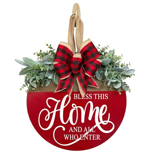 Bless This Home Welcome Sign for Front Door, Rustic Wood Wall Decor Porch Wreaths Hanging Door Decorations for Home Outdoor for Spring Summer Fall All Seasons Holiday - color: Red-14 Inch