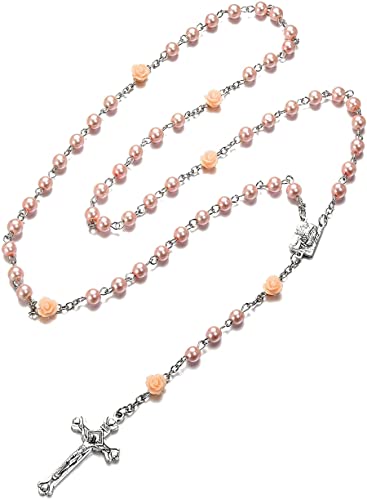 SZQCZB Rosary Beads Catholic Necklace Holy Soil Medal Cross Crucifix with Metal Box and 18pcs Prayer Cards - color: Pink