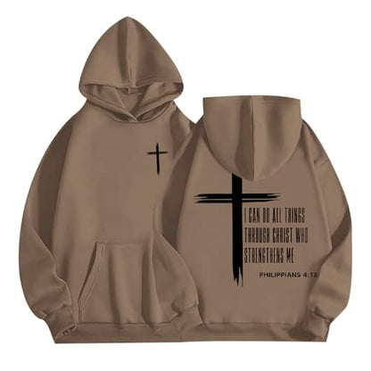 Tuislay Mens I Can Do All Things Through Christ Hoodies Christian Jesus Hoodie Religious Cross Sweatshirt Faith Pullover Tops - color: Coffee, size: Small