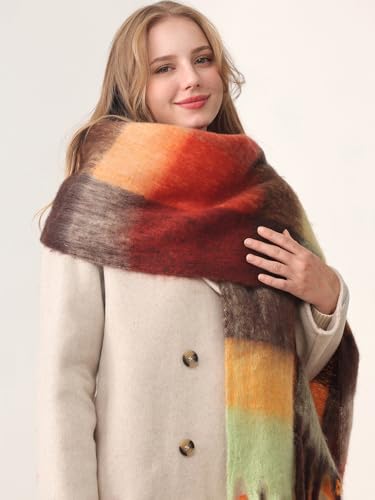 HOTIAN Women's Large Scarf Colorful Chunky Plaid Scarves Soft Winter Thick Tassel Warm Wrap Shawl - color: Tangerine (Falling Leaves)