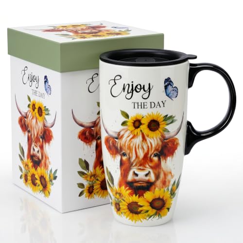 Topadorn 17oz Ceramic Travel Mug with Lid, Highland Cow Coffee Mug - color: Highland Cow