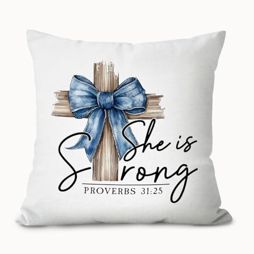 Coquette Bow Christian Pillow Covers 18x18, Proverbs 31 Woman Gifts, Religious Bible Verse Decorative Throw Pillow Covers Pillowcases for Girly Room Bedroom Dorm Decor - color: Blue Bible(white01)