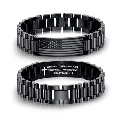 P. BLAKE American Flag Bible Verse Bracelet for Men, Stainless Steel Engraved Scripture Bracelet Christian Religious Christmas Birthday Jewelry Gifts - color: Black, size: PHILIPPIANS 4:13