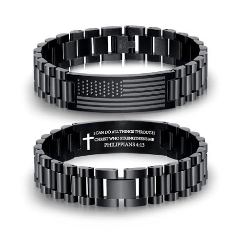 P. BLAKE American Flag Bible Verse Bracelet for Men, Stainless Steel Engraved Scripture Bracelet Christian Religious Christmas Birthday Jewelry Gifts - color: Black, size: PHILIPPIANS 4:13