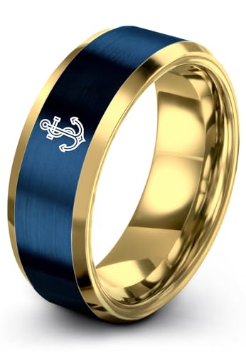 Gift for Nautical Fan - Anchor With Rope Ring - Men Women - Tungsten - Flat Dome Bevel - Band - Yellow Gold Black Silver Blue - Anniversary Wedding - 8mm - Brushed Polished - Personalized Custom Engra - color: 13 - Yellow Gold Blue Tungsten