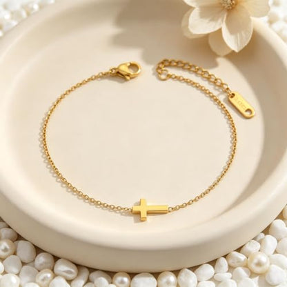 18K Gold Plated Pearl Beaded Cross Bracelets for Women Adjustable - color: Tiny Cross-Gold
