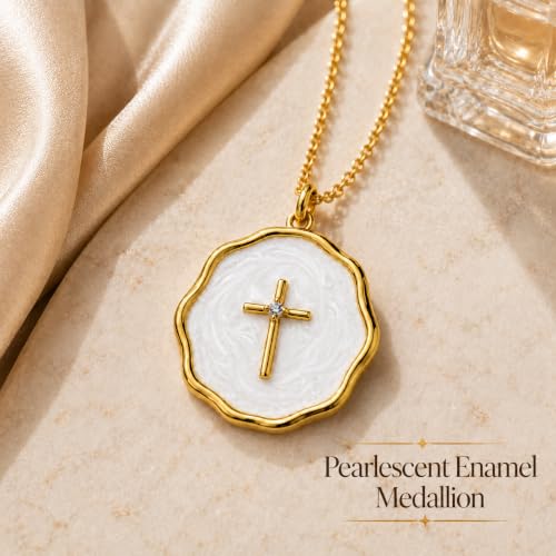 Enamel Cross Necklace for Women 18K Gold Plated Christian Pendant - color: White-Gold